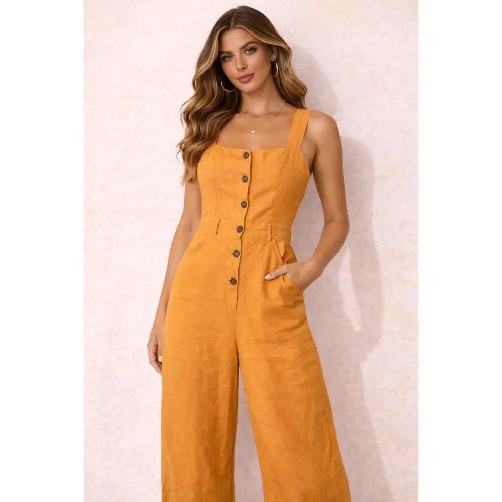 REFORMATION Wide Leg Linen Jumpsuit Mustard Yellow Sz 0 - Picture 1 of 6